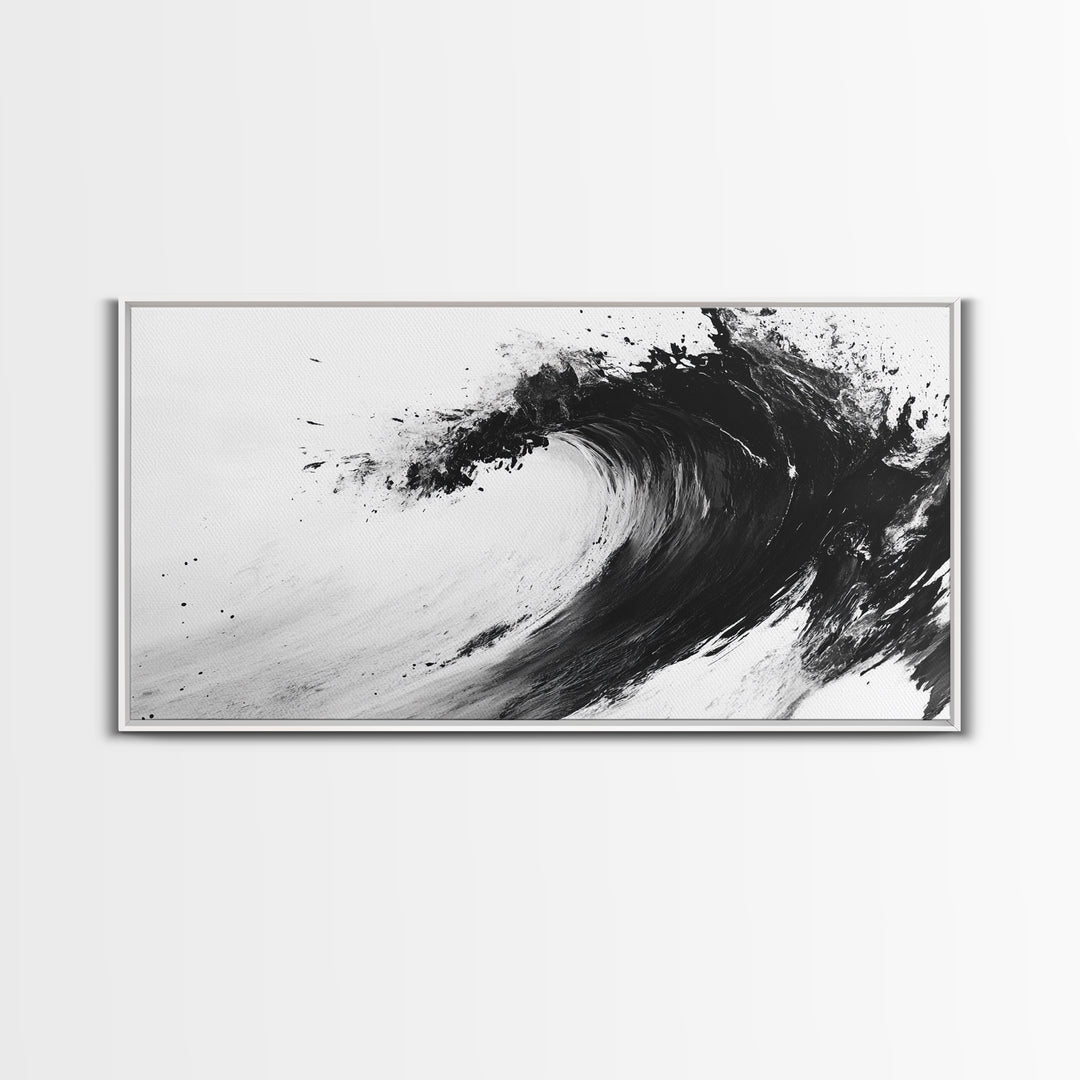 Abstract Wave, Black White, Modern Ink, Ocean Motion, Canvas Print, Minimalist Art, Office Wall Decor, Contemporary Coastal Style