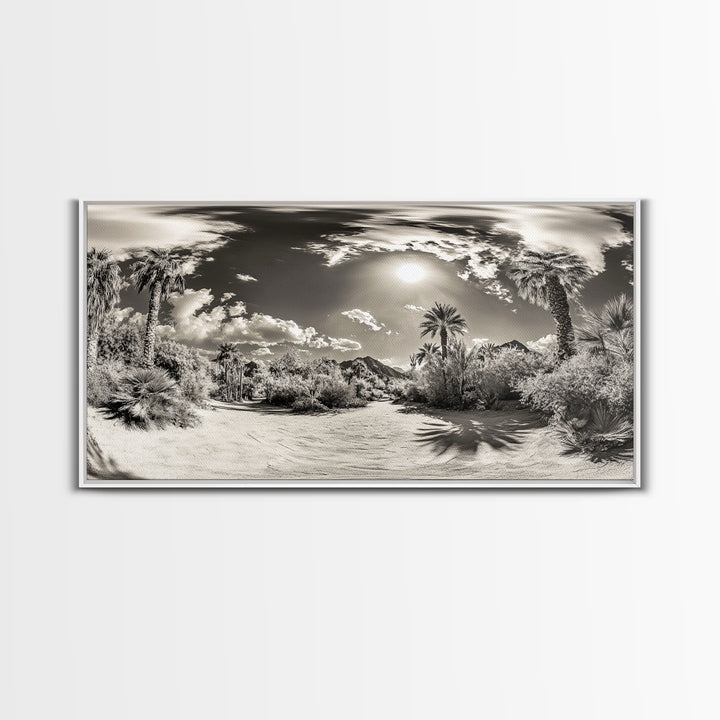 Desert Oasis, Palm Landscape, Nature Panorama, Framed Canvas Print, Tropical Wall Art, Living Room Decor, Boho Aesthetic, Sunlit Scene