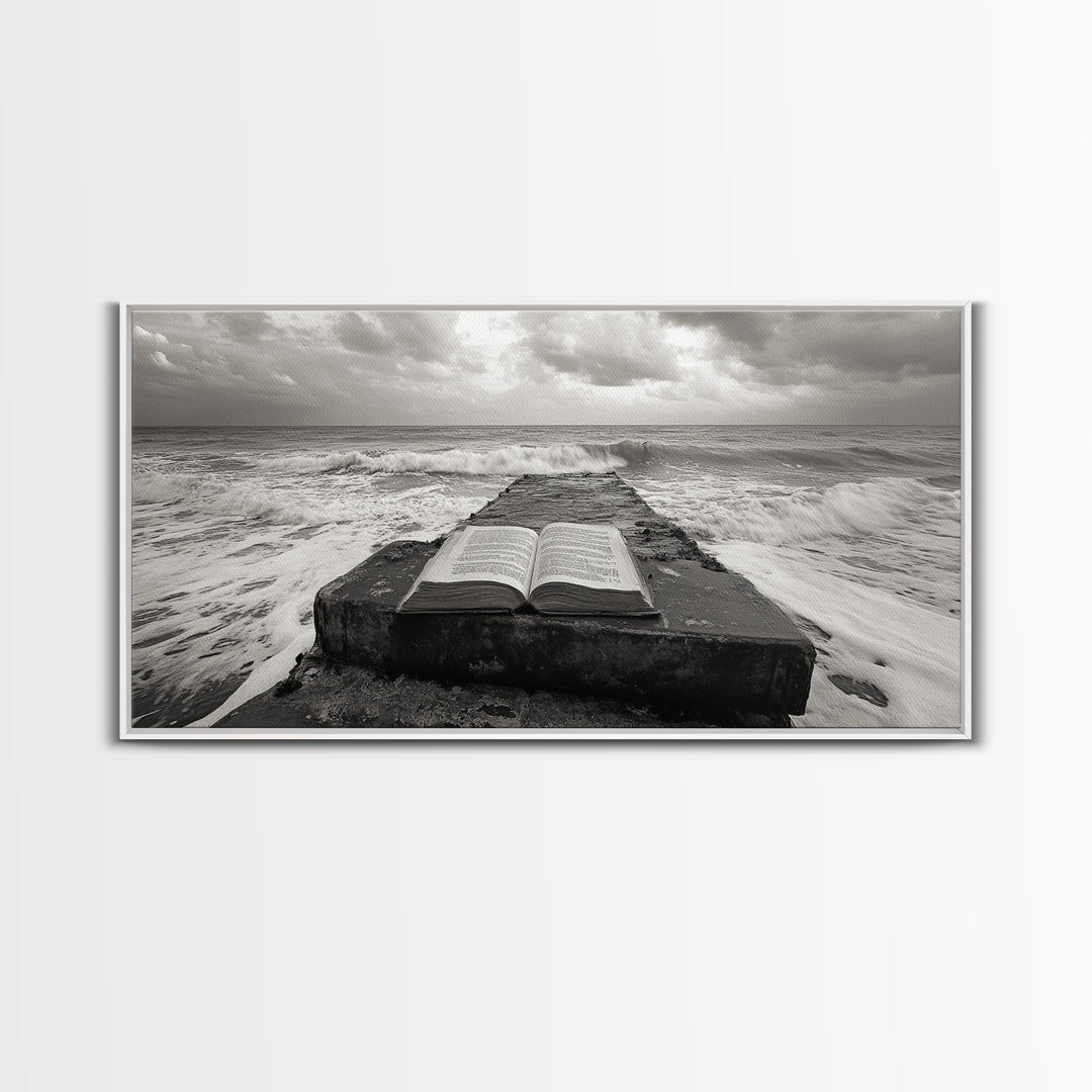 Ocean and Book, Moody Literary Print, Surreal Seascape Art, Framed Canvas Print, Library or Reading Nook Wall Decor, Dark Academia