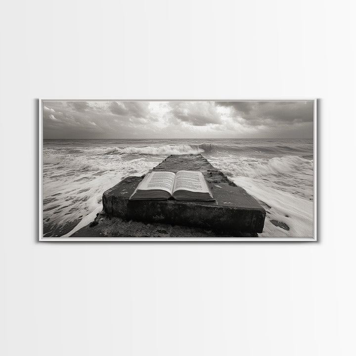 Ocean and Book, Moody Literary Print, Surreal Seascape Art, Framed Canvas Print, Library or Reading Nook Wall Decor, Dark Academia