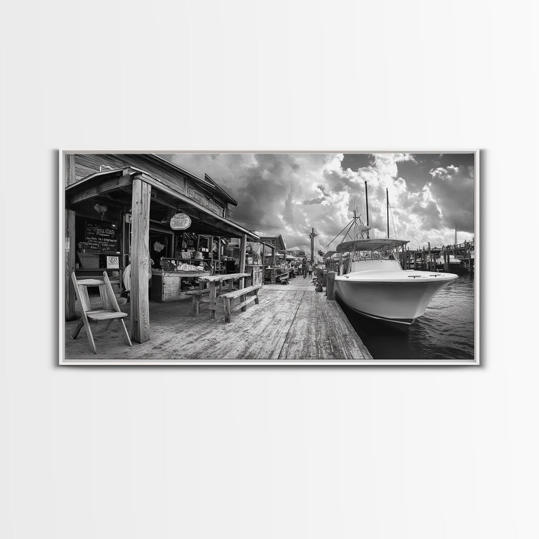 Dockside Market, Nautical Vibes, Fishing Village, Framed Canvas Print, Coastal Kitchen Art, Rustic Decor, Oceanfront Life Scene