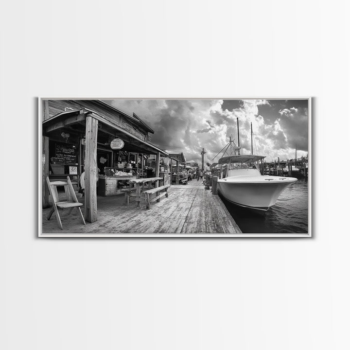 Dockside Market, Nautical Vibes, Fishing Village, Framed Canvas Print, Coastal Kitchen Art, Rustic Decor, Oceanfront Life Scene