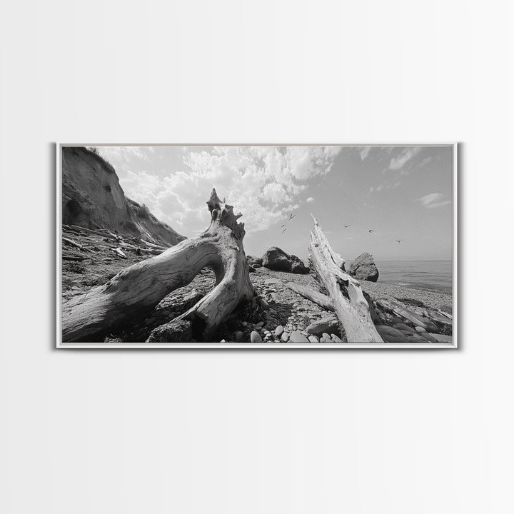 Coastal Driftwood, Beach Landscape, Pebble Shore Scene, Natural Decor Accent, Canvas Print, Relaxed Vibe, Entryway or Den Wall Art