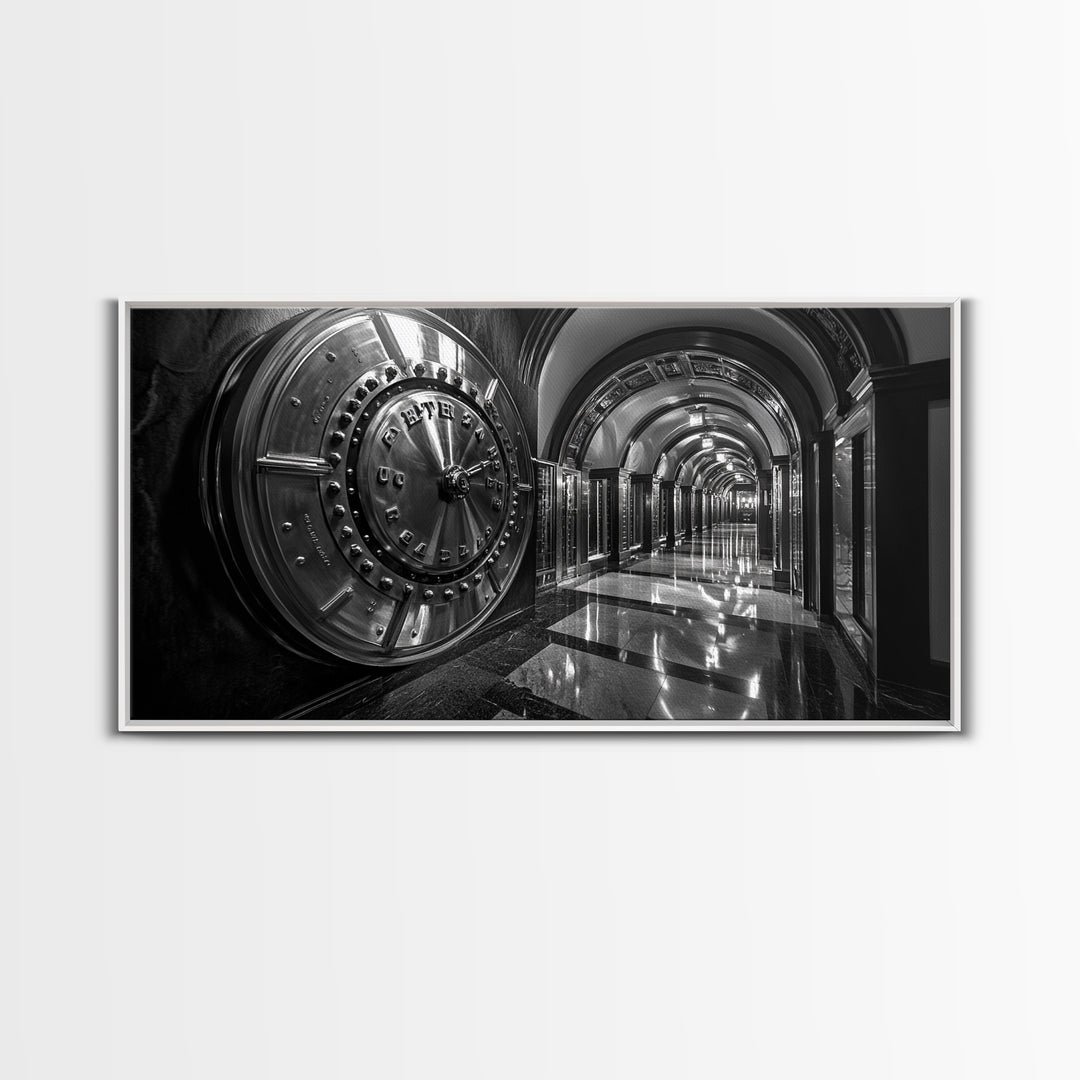 Bank Vault Door, Industrial Urban Decor, Luxury Office Art, Framed Canvas Print, Black and Silver Wall Art, Masculine Home Style