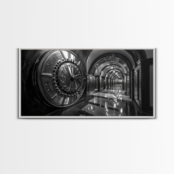 Bank Vault Door, Industrial Urban Decor, Luxury Office Art, Framed Canvas Print, Black and Silver Wall Art, Masculine Home Style