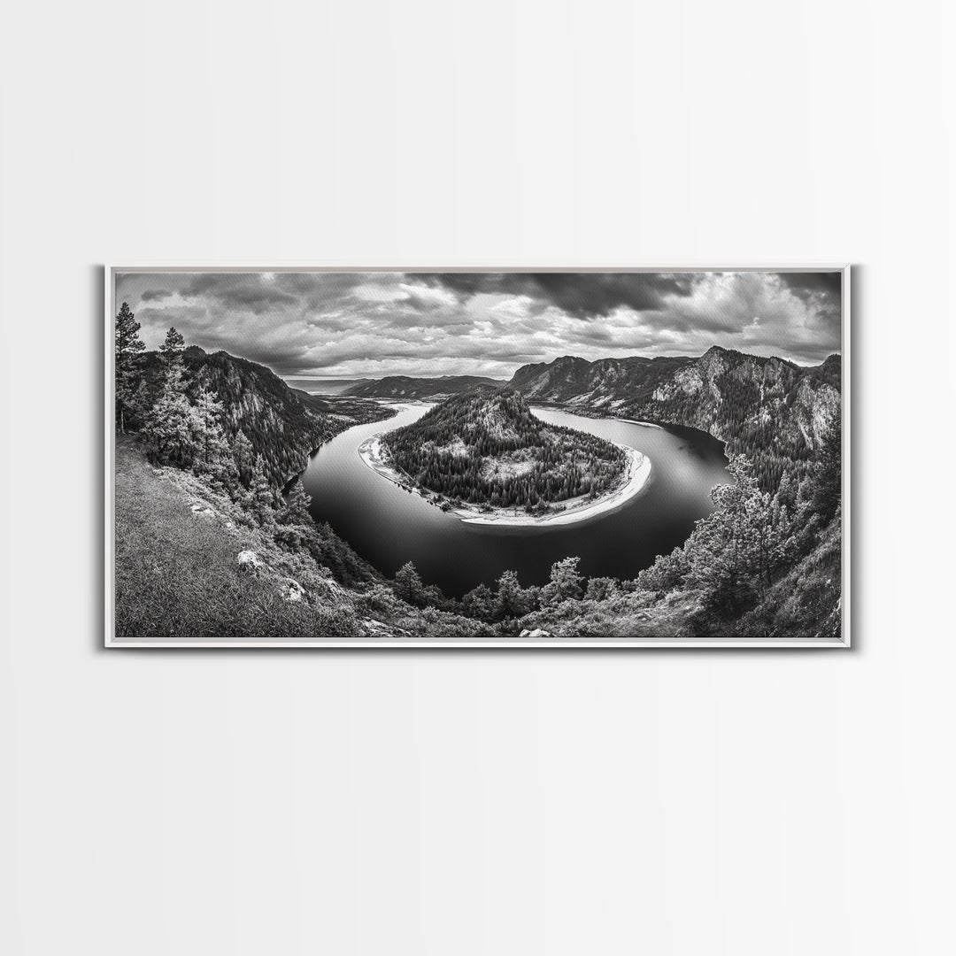 River Bend Landscape, Mountain View Aerial, Nature Panorama Scene, Framed Canvas Print, Cabin Wall Art, Adventure Boho Art, Living Room Wall Art