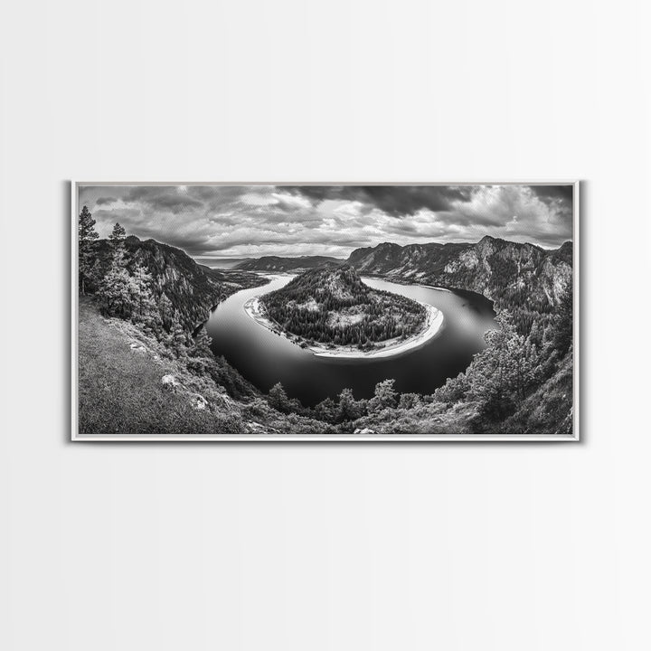 River Bend Landscape, Mountain View Aerial, Nature Panorama Scene, Framed Canvas Print, Cabin Wall Art, Adventure Boho Art, Living Room Wall Art