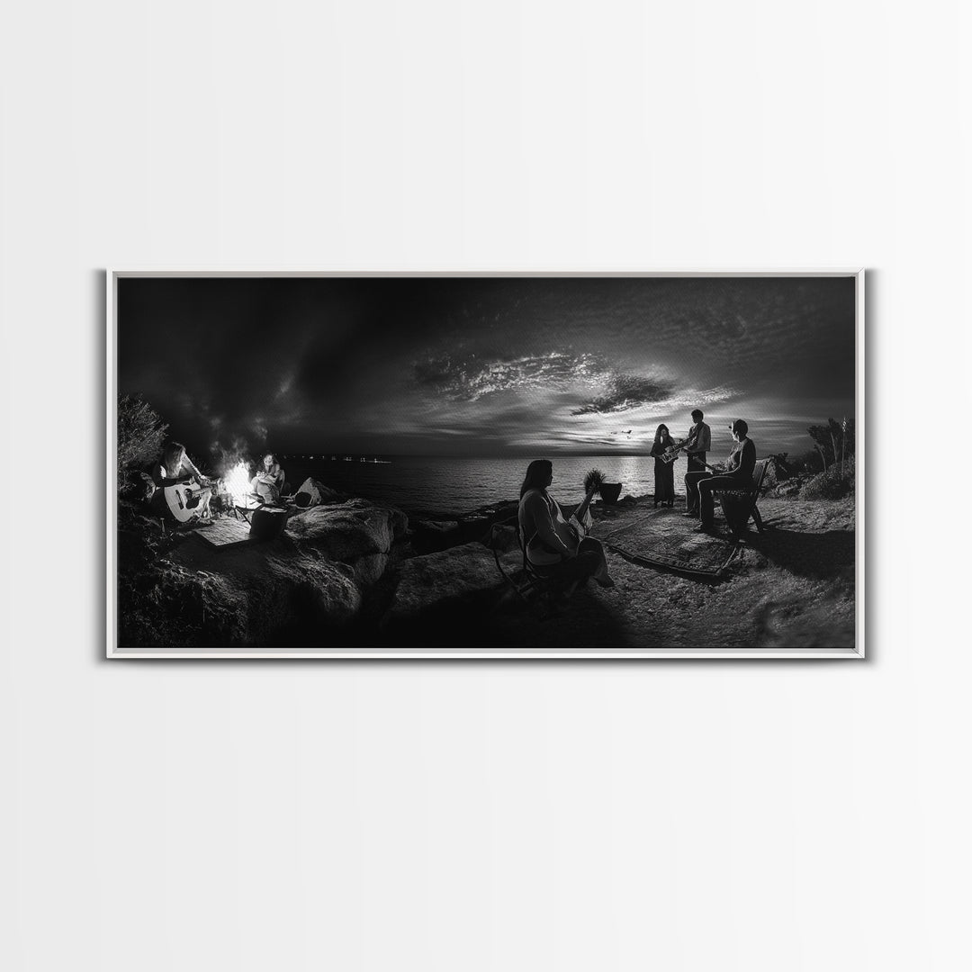 Campfire Gathering, Boho Night Vibes, Music Outdoors Scene, Framed Canvas Print, Living Room Wall Art, Folk Rustic Aesthetic