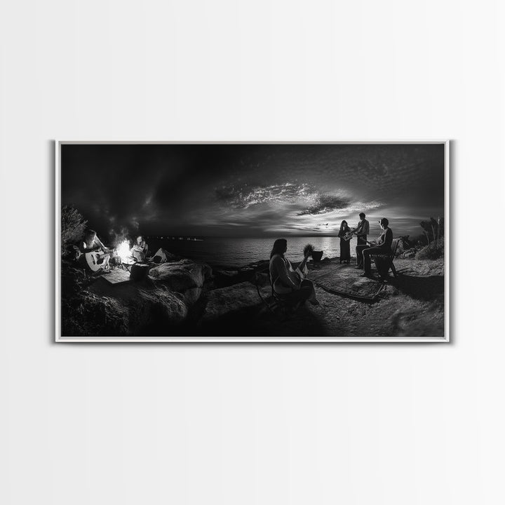 Campfire Gathering, Boho Night Vibes, Music Outdoors Scene, Framed Canvas Print, Living Room Wall Art, Folk Rustic Aesthetic