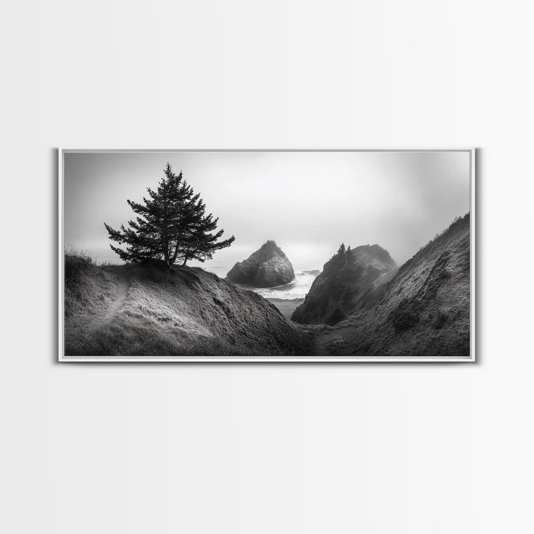 Coastal Cliff Scene, Evergreen Ocean Landscape, Pacific Northwest View, Framed Canvas Print, Nature Inspired Wall Art, Minimalist Decor