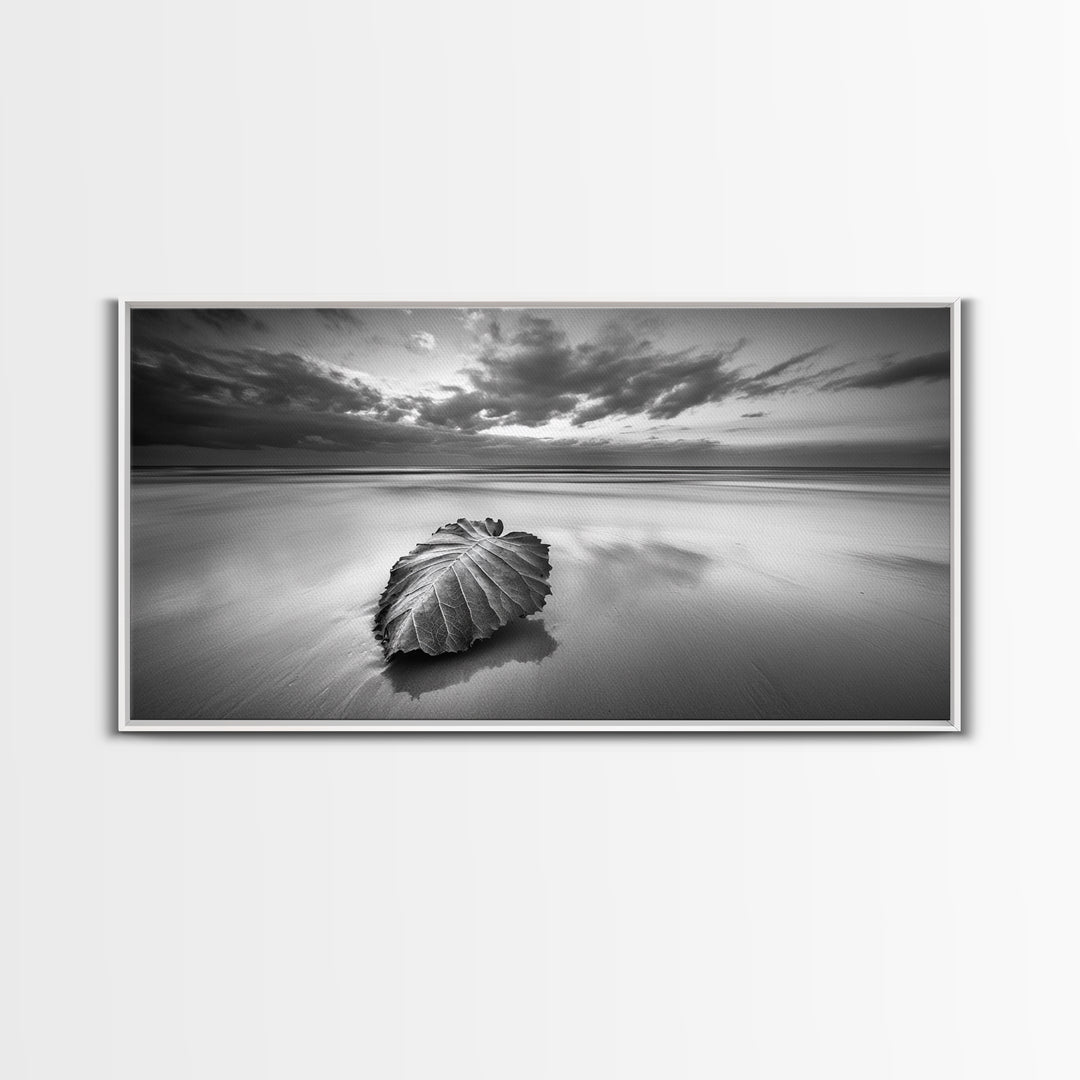 Beach Leaf Still, Autumn Nature Scene, Calm Ocean Shoreline, Canvas Print, Fall Bathroom Wall Art, Neutral Earth Tone Decor