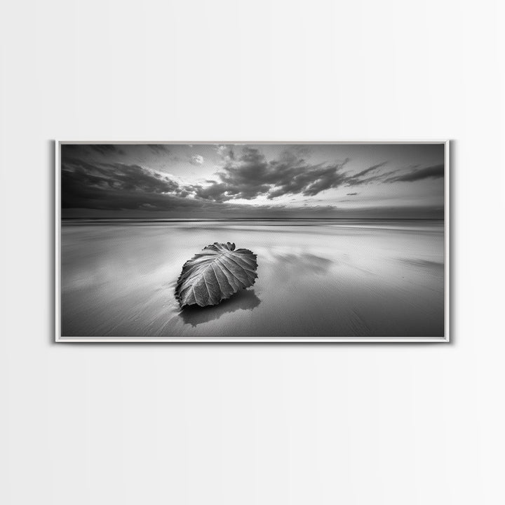 Beach Leaf Still, Autumn Nature Scene, Calm Ocean Shoreline, Canvas Print, Fall Bathroom Wall Art, Neutral Earth Tone Decor