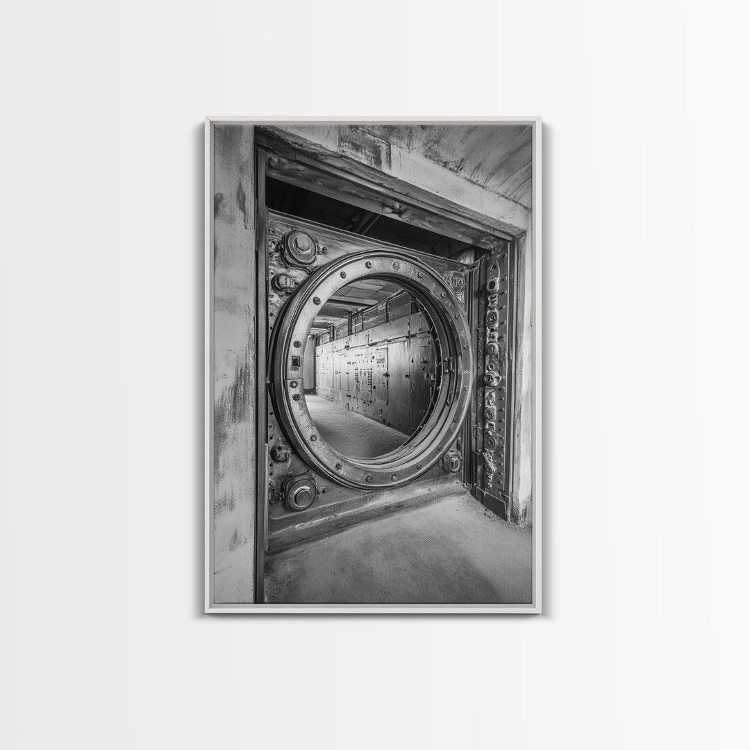 Bank Vault Door, Industrial Design, Urban Texture, Canvas Print, Masculine Office Decor, Steampunk Wall Art, Black White Print
