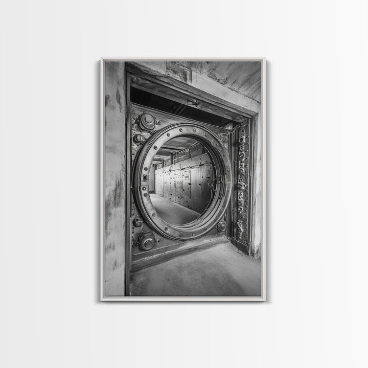 Bank Vault Door, Industrial Design, Urban Texture, Canvas Print, Masculine Office Decor, Steampunk Wall Art, Black White Print