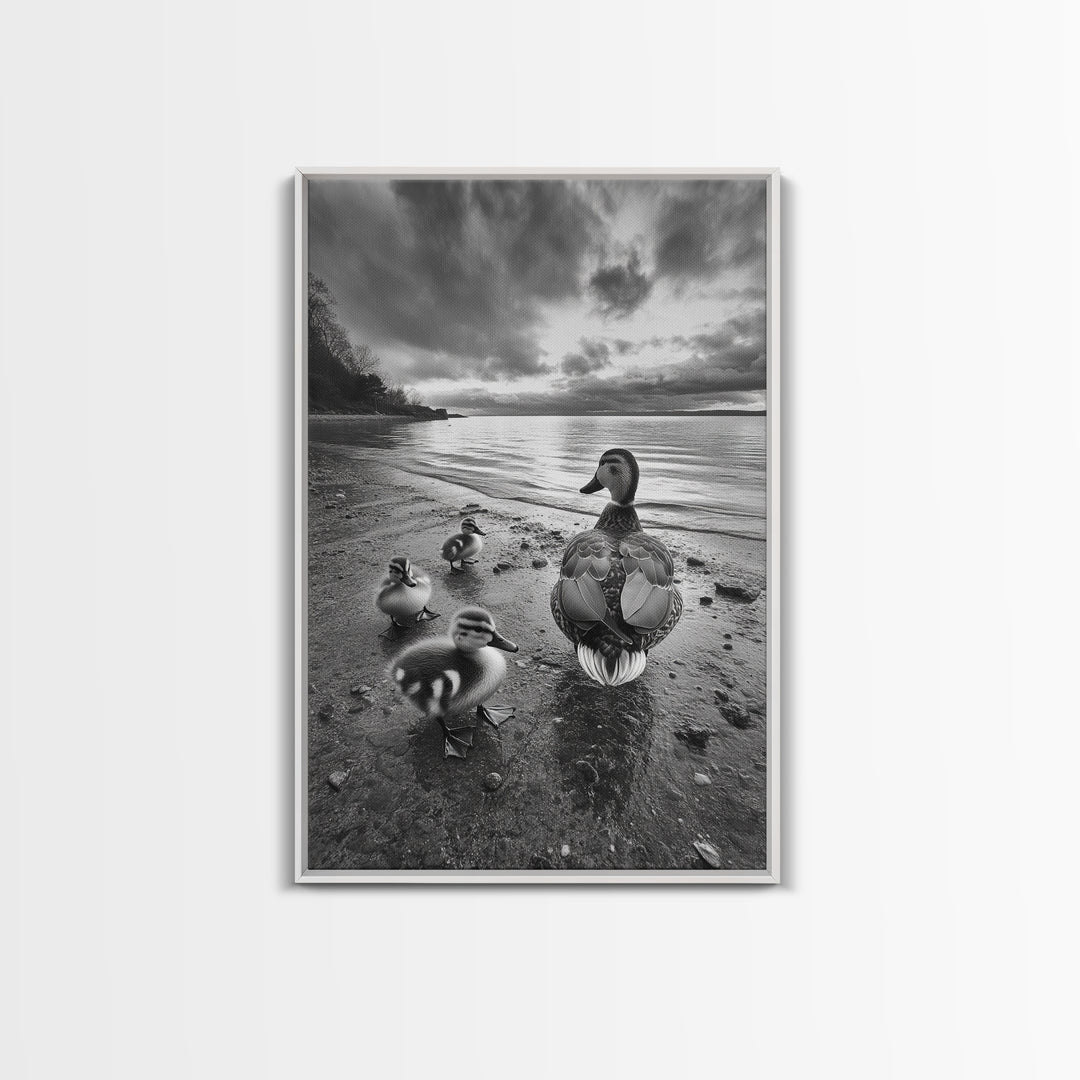 Duck Family, Lakeside Peace, Nature Walk, Canvas Print, Wholesome Wall Art, Nursery Animal Decor, Cozy Autumn Photography Style