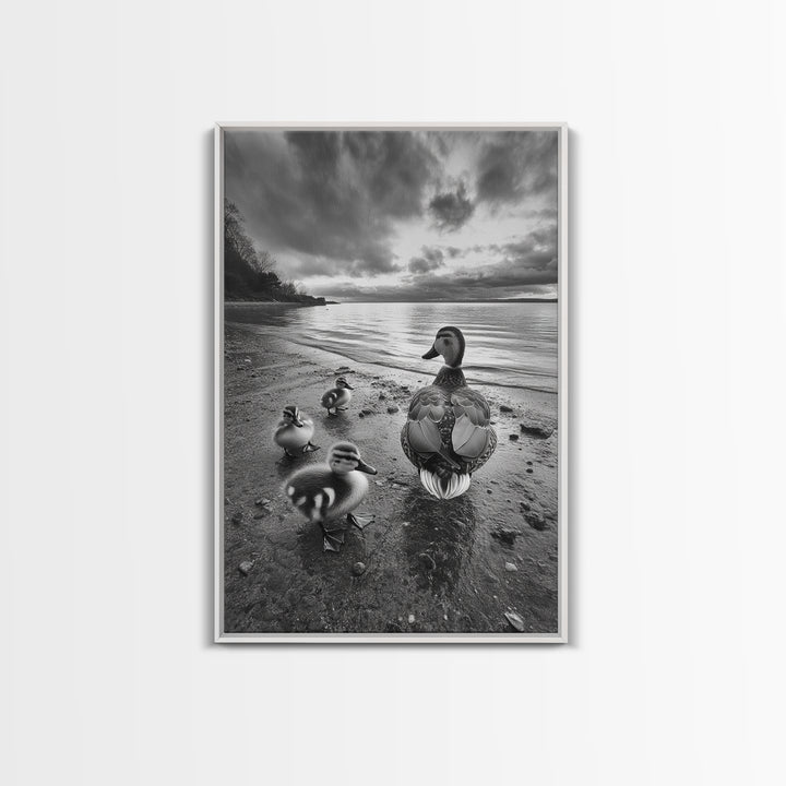 Duck Family, Lakeside Peace, Nature Walk, Canvas Print, Wholesome Wall Art, Nursery Animal Decor, Cozy Autumn Photography Style