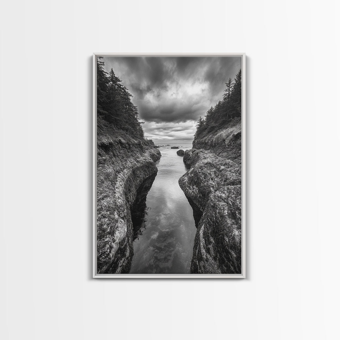 Rocky Waterway, Coastal Reflections, Dramatic Cloudscape, Ocean Nature Print, Framed Canvas Print, Bathroom Wall Art, Modern Rustic Style