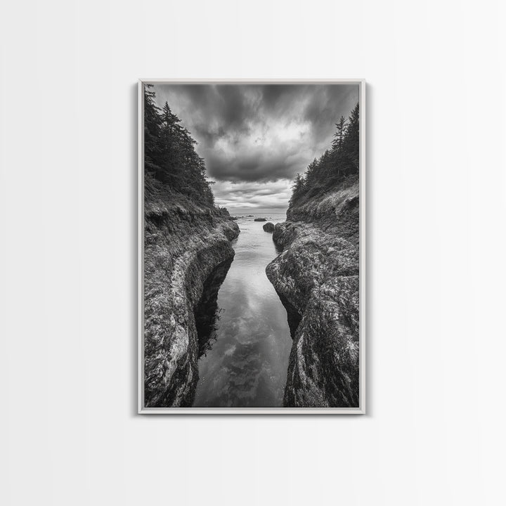 Rocky Waterway, Coastal Reflections, Dramatic Cloudscape, Ocean Nature Print, Framed Canvas Print, Bathroom Wall Art, Modern Rustic Style