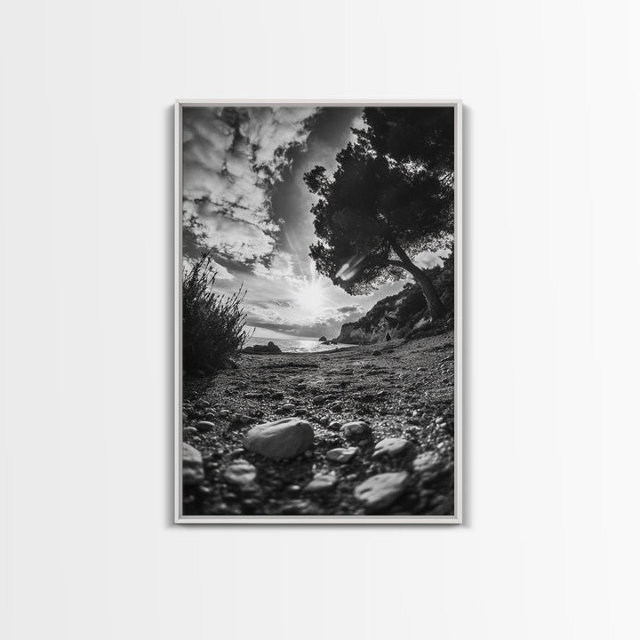Sunset Beach View, Wide Angle Perspective, Nature Shoreline, Monochrome Landscape, Framed Canvas Print, Hallway Wall Art, Beach Decor