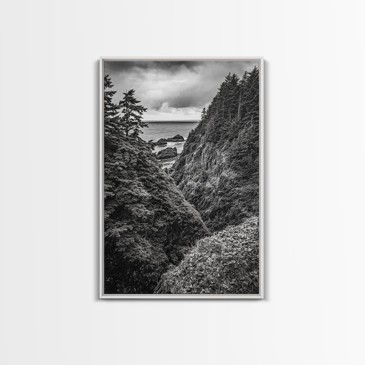 Rugged Ocean View, Coastal Forest, Black and White Mountains, Pacific Northwest Vibes, Framed Canvas Print, Den Wall Art, Moody Cabin Decor