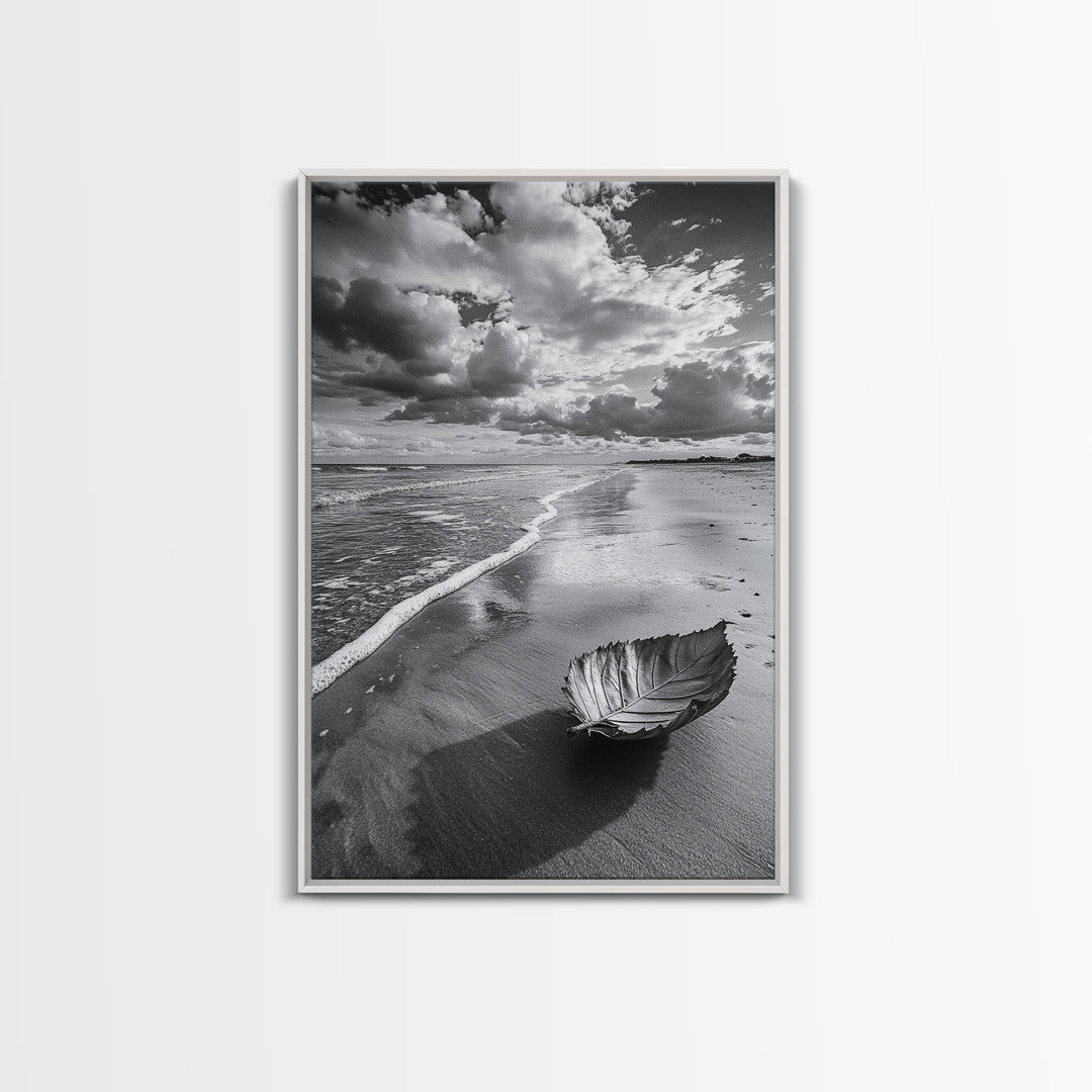 Autumn Beach Leaf, Drift Shore, Moody Cloudscape, Black and White Fall Art, Framed Canvas Print, Seasonal Wall Decor, Rustic Autumn Style
