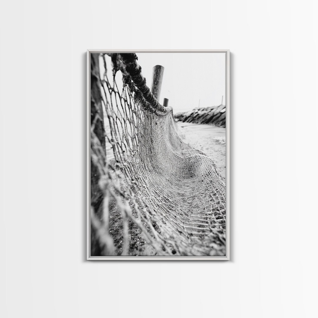 Coastal Net, Beach Texture, Nautical Vibe, Ocean Fence, Framed Canvas Print, Bathroom Wall Art, Coastal Cottage Style, Monochrome Beach Art