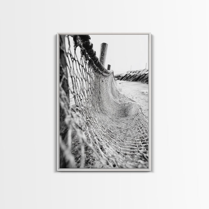 Coastal Net, Beach Texture, Nautical Vibe, Ocean Fence, Framed Canvas Print, Bathroom Wall Art, Coastal Cottage Style, Monochrome Beach Art
