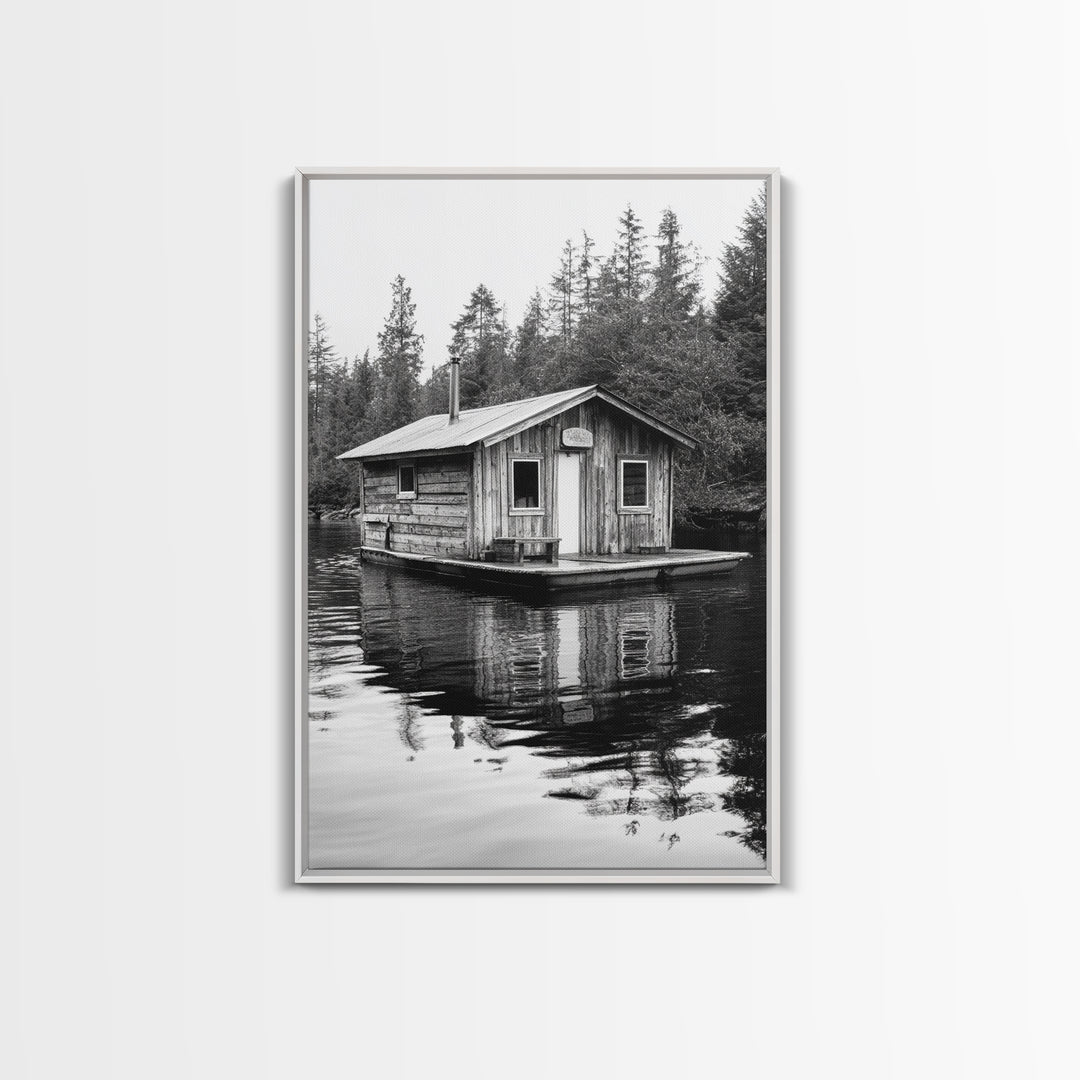 Floating Cabin, Lake House, Forest Reflection, Tranquil Waters, Framed Canvas Print, Bedroom Wall Art, Cabin Aesthetic, Rustic Nature Vibe