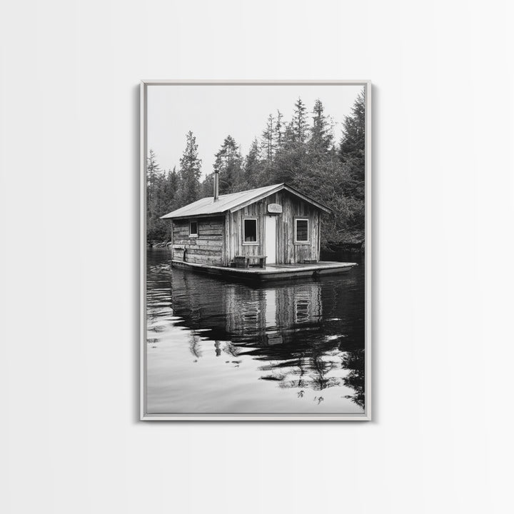 Floating Cabin, Lake House, Forest Reflection, Tranquil Waters, Framed Canvas Print, Bedroom Wall Art, Cabin Aesthetic, Rustic Nature Vibe