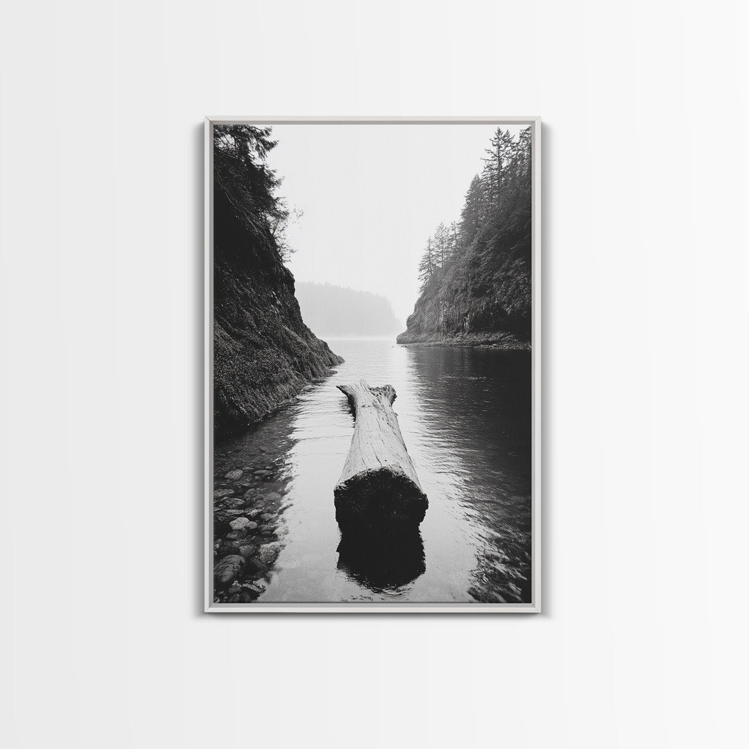 Driftwood Log, River Pass, Nature Silence, Misty Gorge, Framed Canvas Print, Office Wall Art, Modern Nature Decor, Moody Forest Style