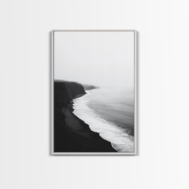 Cliff Coast, Mist Horizon, Monochrome Sea, Rugged Beauty, Canvas Print, Living Room Wall Art, Coastal Modern Style, Minimalist Ocean Scene