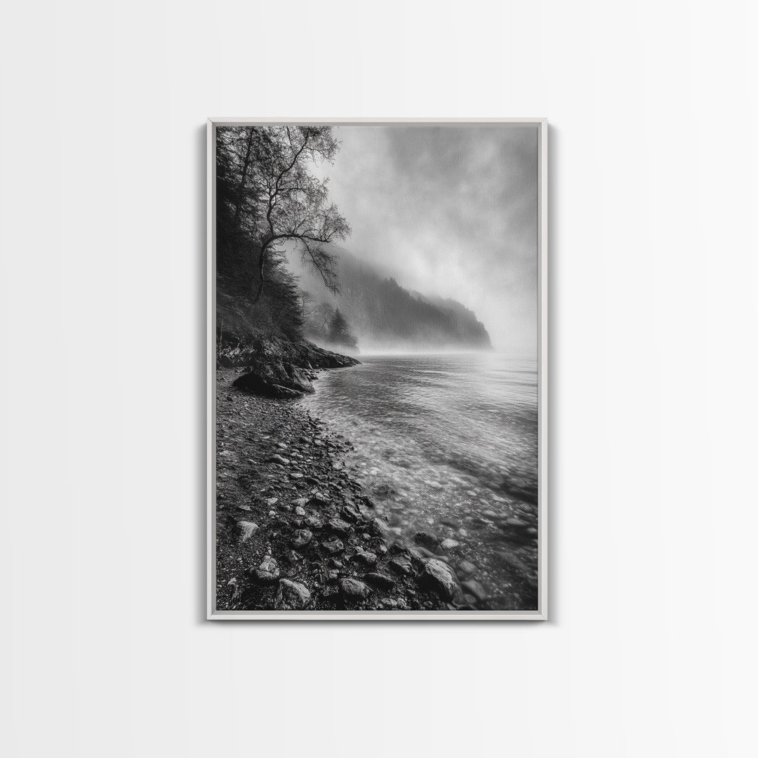 Foggy Coast, Moody Shore, Tranquil Pebbles, Forest Water, Framed Canvas Print, Bathroom Wall Art, Nature Photography Style, Calm Retreat Decor