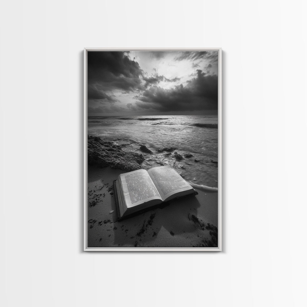 Book Beach Twilight, Reading By Ocean, Literary Seascape, Canvas Print, Study Wall Art, Moody Literary Art, Minimalist Coastal Decor