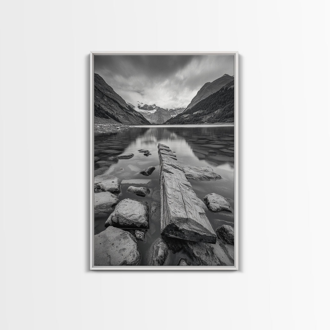 Mountain Lake Log, Alpine Serenity Scene, Tranquil Rock Shore, Canvas Print, Bedroom Wall Art, Nature Retreat, Minimalist Landscape