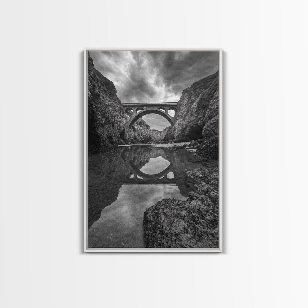 Stone Bridge, Reflections, River Archway, Nature Drama, Framed Canvas Print, Landscape Wall Art, Monochrome Photography, Entryway Art