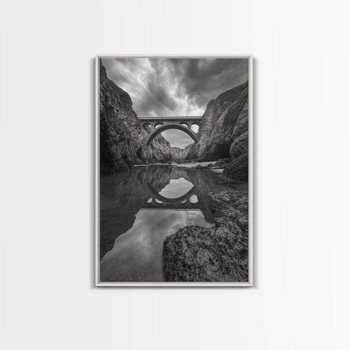 Stone Bridge, Reflections, River Archway, Nature Drama, Framed Canvas Print, Landscape Wall Art, Monochrome Photography, Entryway Art