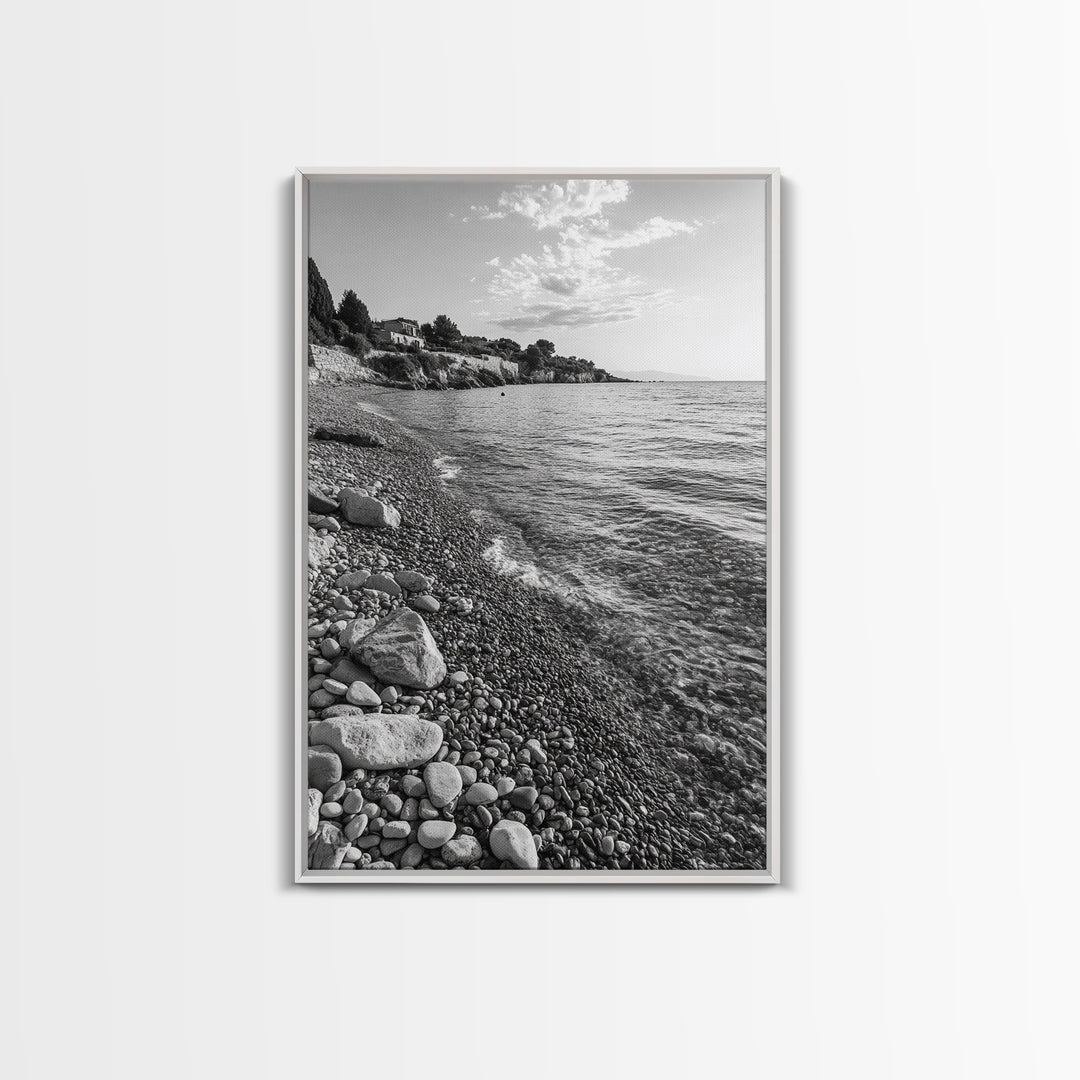 Pebble Beach, Tranquil Coastline, Coastal Stones, Sunrise Shore, Canvas Print, Bathroom Wall Art, Ocean Photography, Beach House Decor