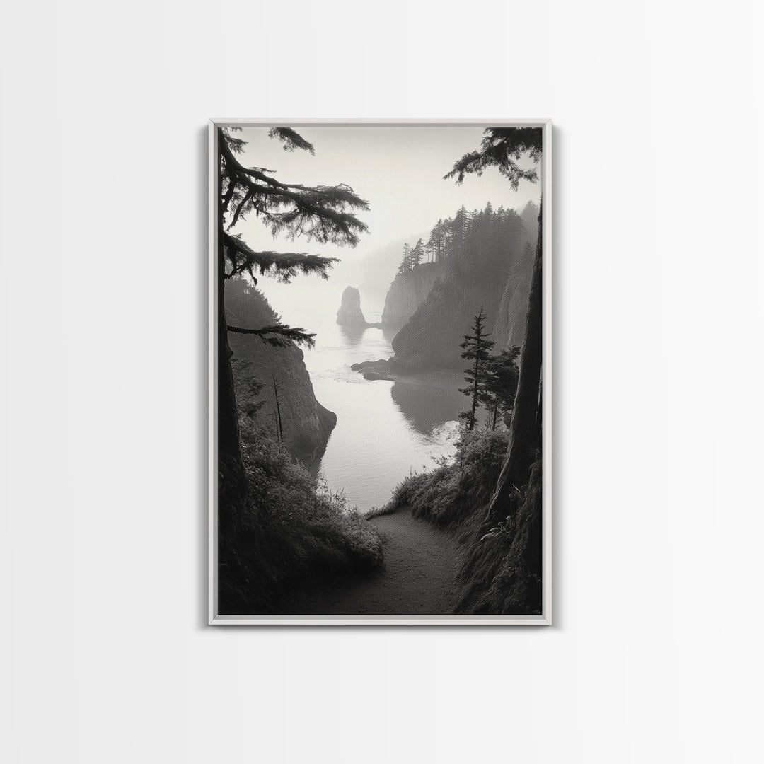 Forest Cliffs, Ocean Pathway, Misty Coast, Woodland Escape, Framed Canvas Print, Cabin Wall Art, Nature Trail Aesthetic, Autumn Mood Art