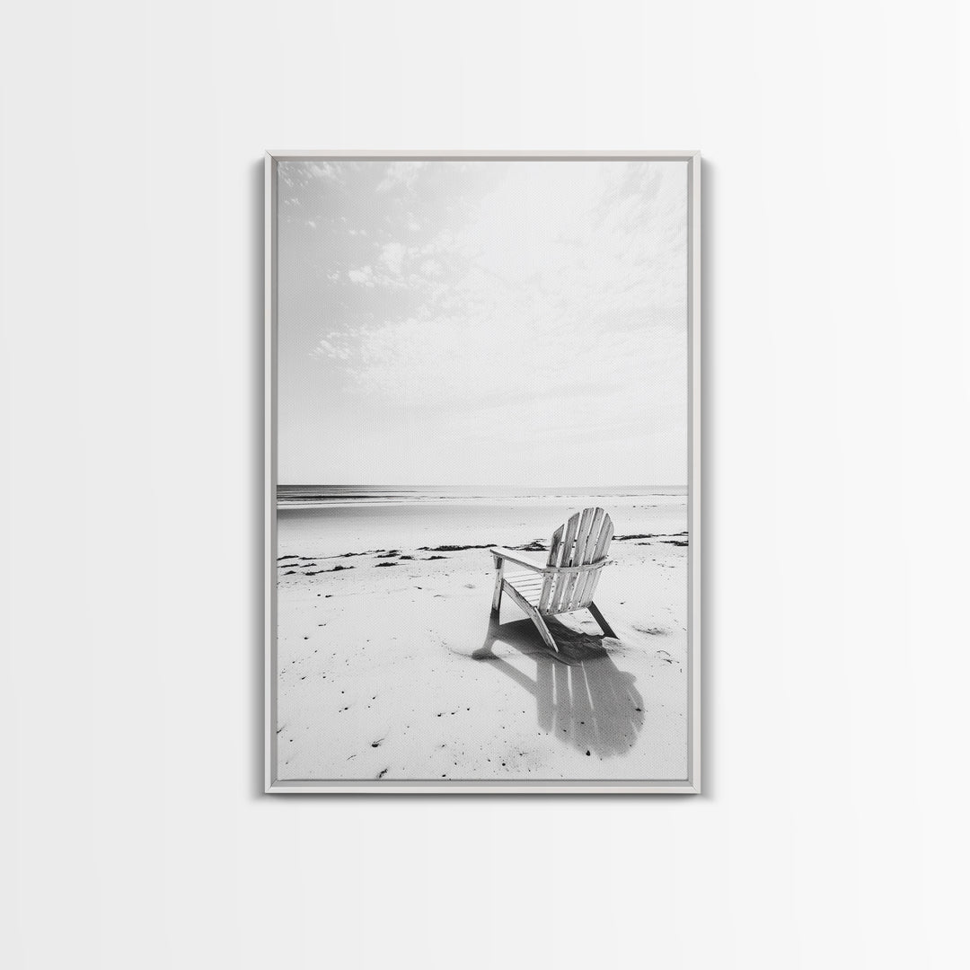 Beach Chair, Coastal Calm, Empty Shoreline, Canvas Print, Minimalist Wall Art, Beach House Decor, Serene Ocean Photography