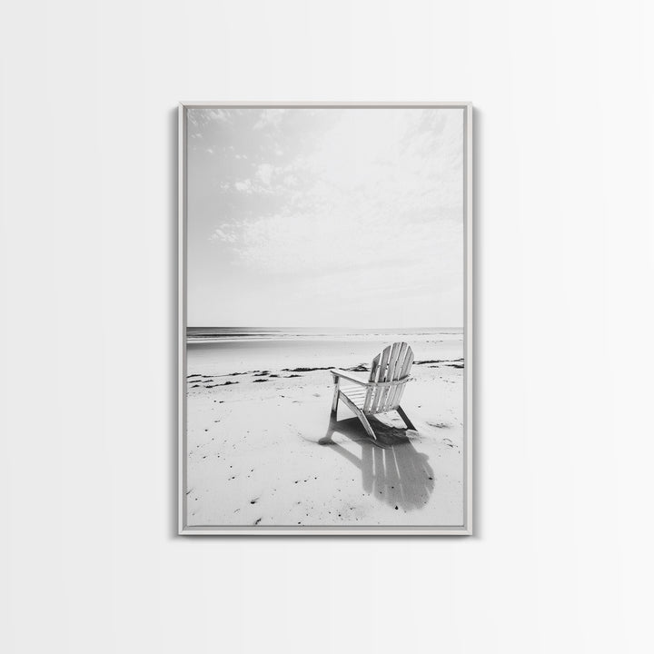 Beach Chair, Coastal Calm, Empty Shoreline, Canvas Print, Minimalist Wall Art, Beach House Decor, Serene Ocean Photography