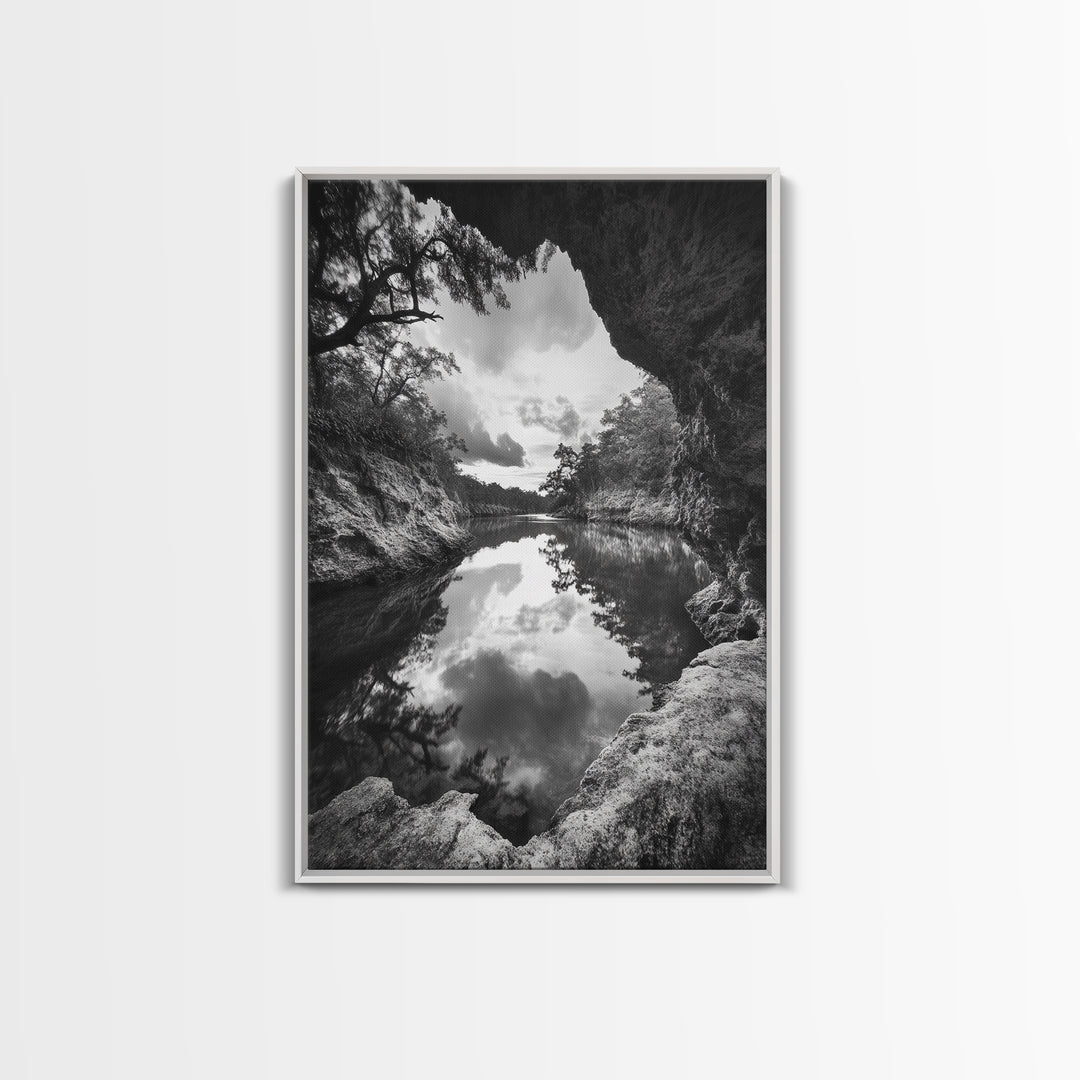 Serene River Reflection, Cave View, Monochrome Nature, Framed Canvas Print, Living Room Wall Art, Tranquil Landscape, Minimalist Decor