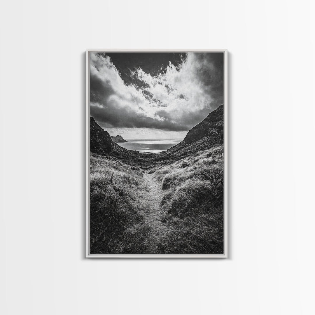 Highland Ocean Trail, Dramatic Clouds, Monochrome Nature, Canvas Print, Office Wall Art, Adventure Landscape, Rustic Home Decor