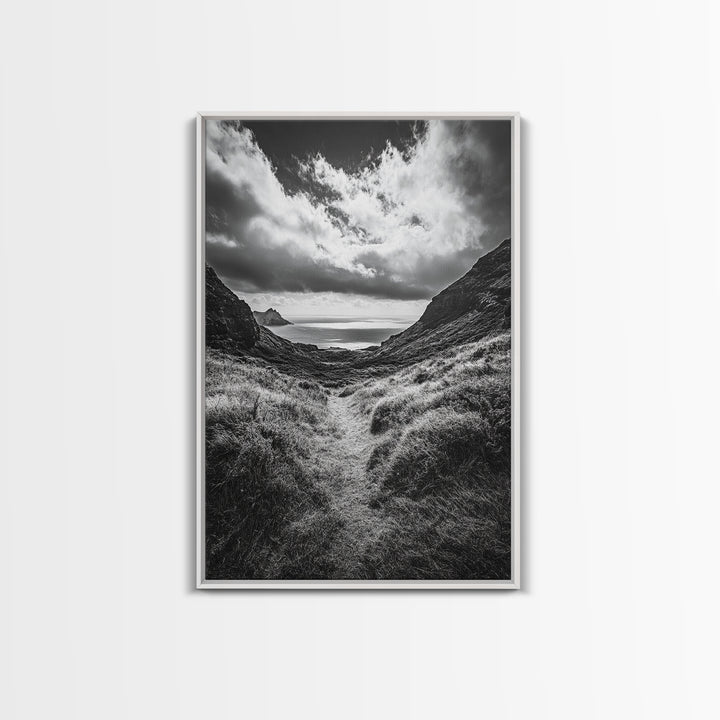 Highland Ocean Trail, Dramatic Clouds, Monochrome Nature, Canvas Print, Office Wall Art, Adventure Landscape, Rustic Home Decor