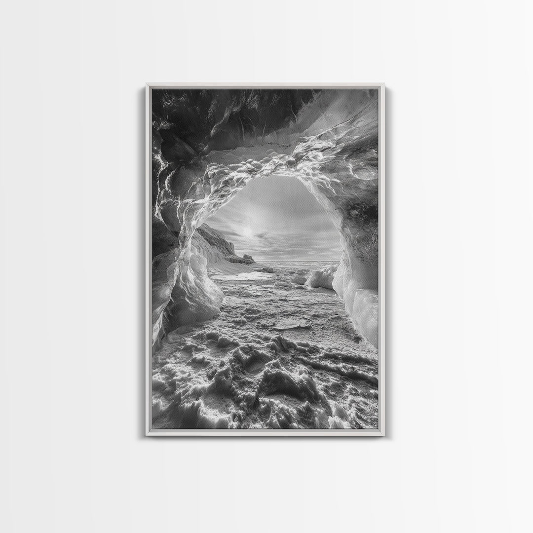 Ice Cave Opening, Winter Wonderland, Arctic Light, Framed Canvas Print, Bedroom Wall Art, Nordic Landscape, Minimalist Winter Art