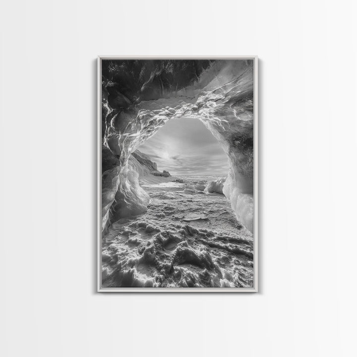 Ice Cave Opening, Winter Wonderland, Arctic Light, Framed Canvas Print, Bedroom Wall Art, Nordic Landscape, Minimalist Winter Art