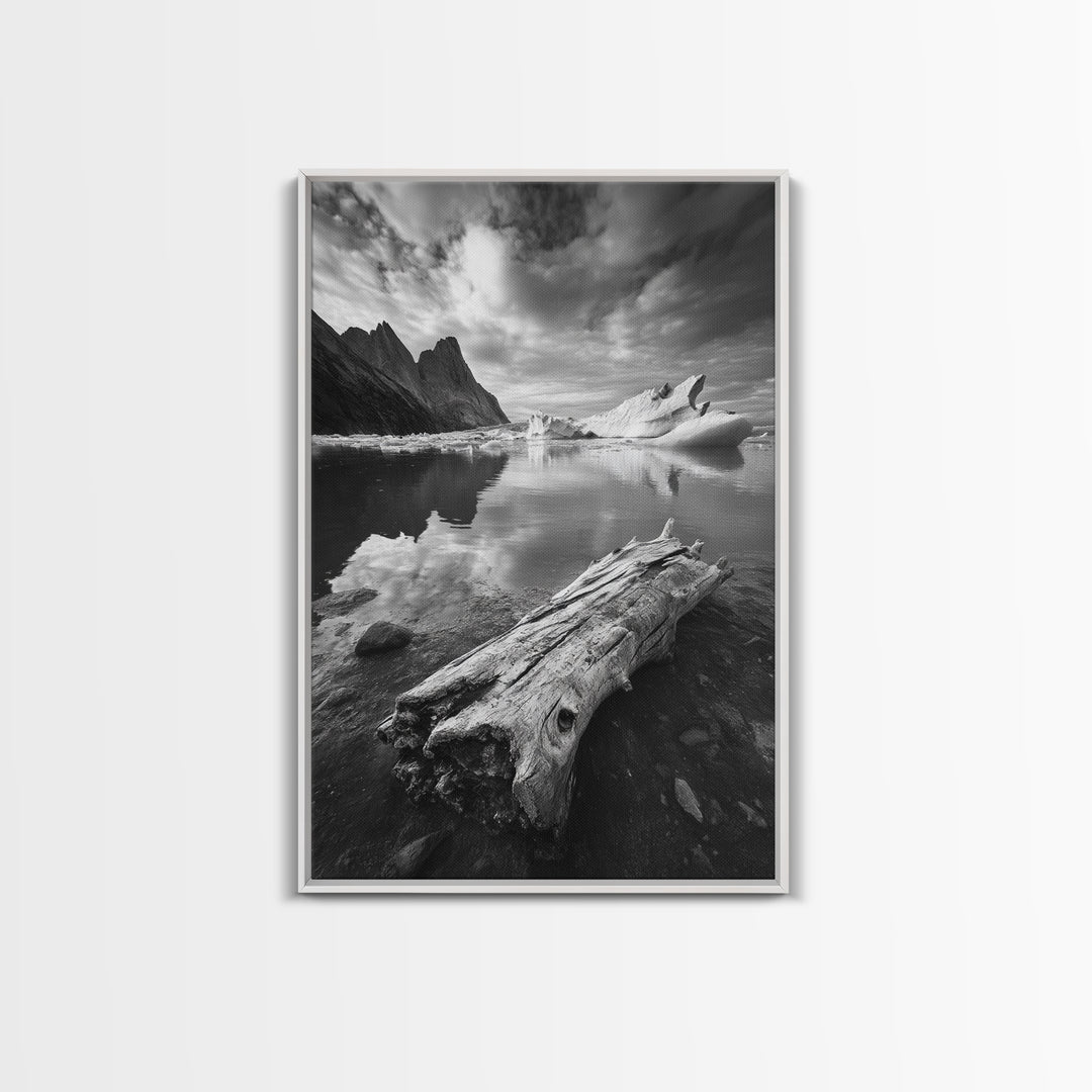 Arctic Driftwood View, Iceberg Horizon, Moody Mountains, Framed Canvas Print, Office Wall Art, Monochrome Nature, Nordic Aesthetic