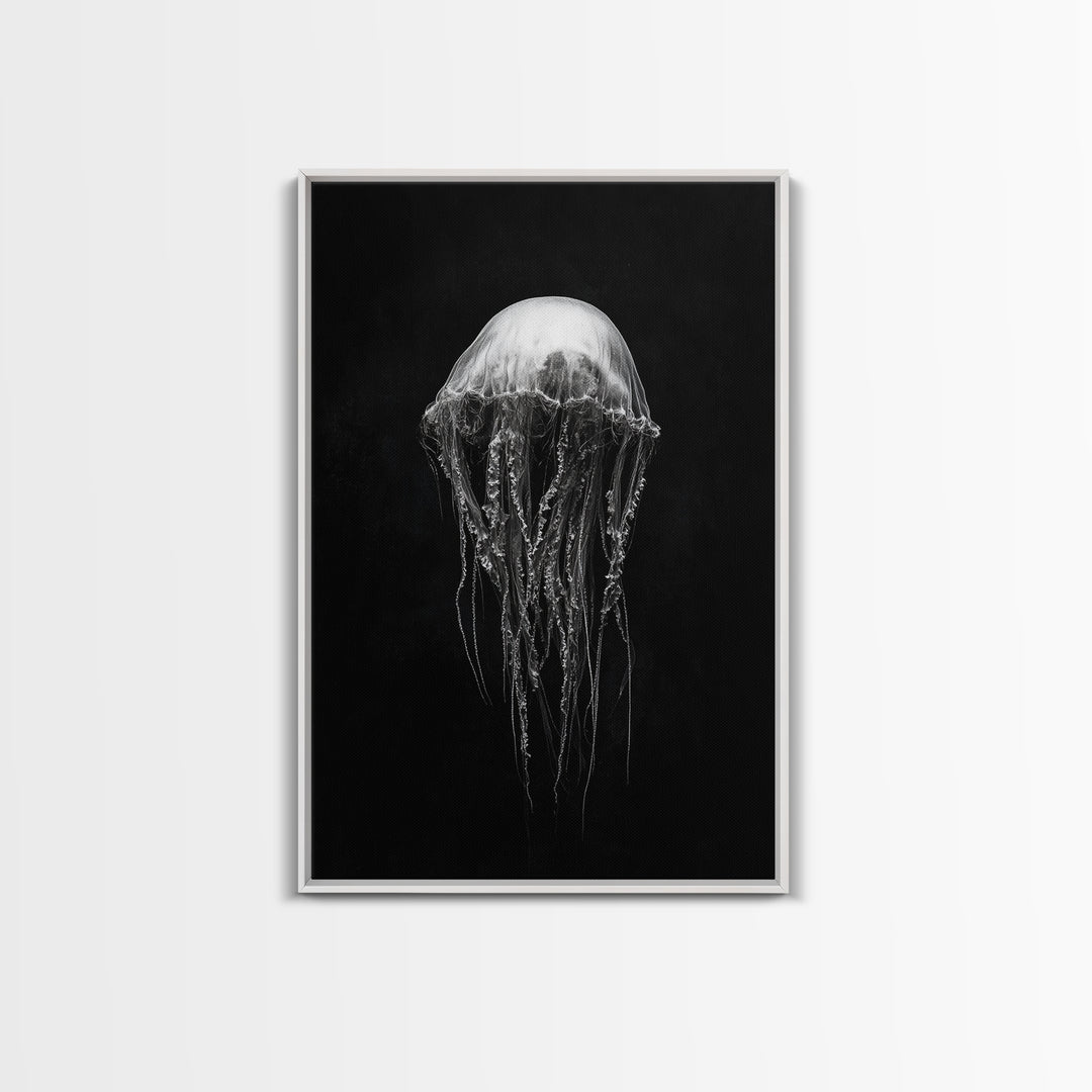 Elegant Jellyfish Art, Ocean Wildlife, Monochrome Marine, Framed Canvas Print, Bathroom Decor, Nautical Wall Art, Minimalist Sea Life
