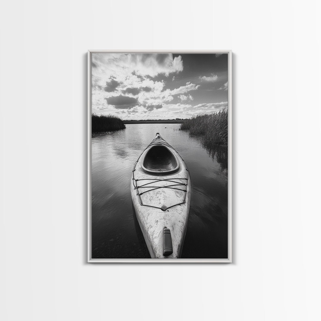 Kayak Lake View, Serene Water Landscape, Outdoor Adventure Art, Canvas Print, Cabin Wall Decor, Nature Lover Gift, Minimalist Water Art