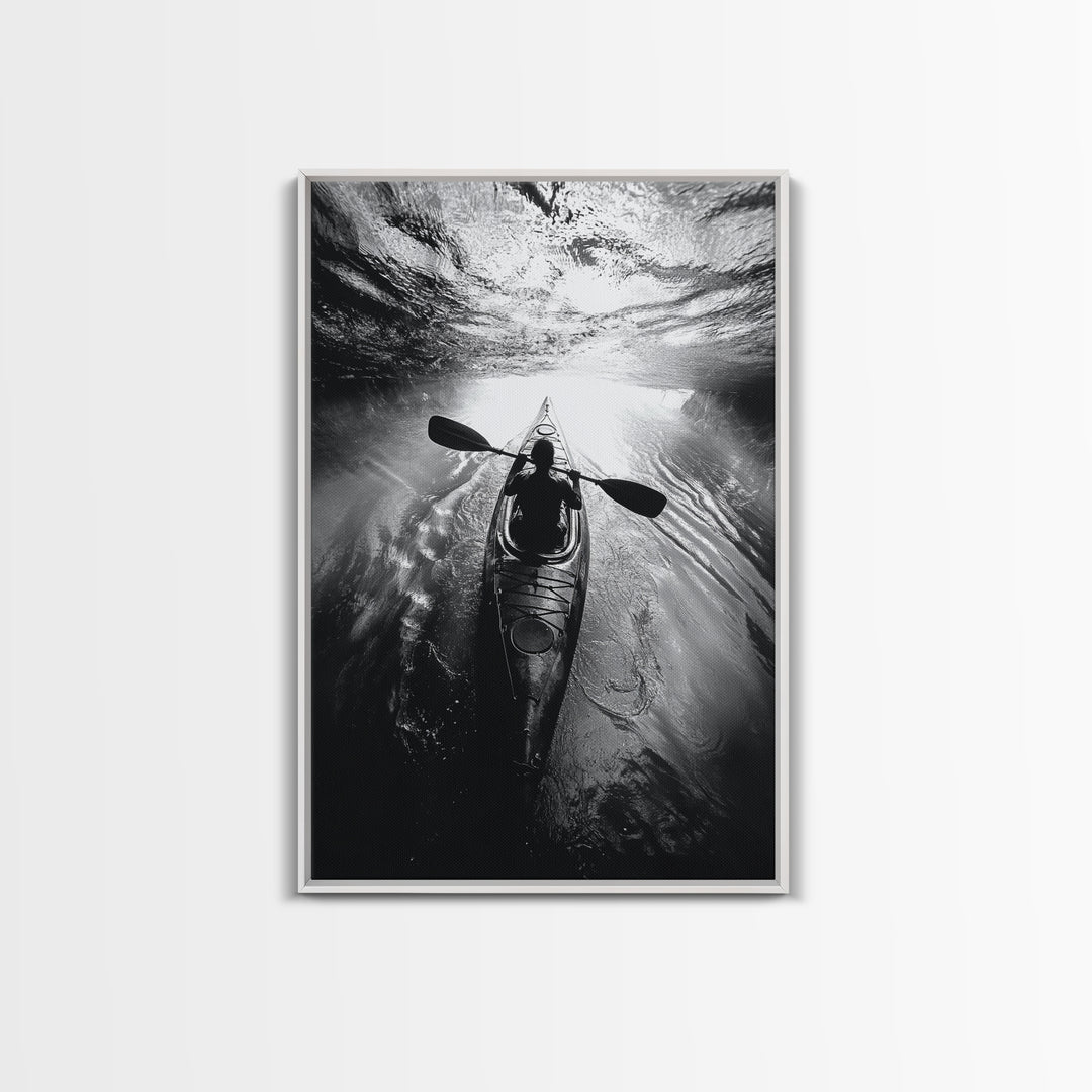 Kayaking Exploration, River Reflections, Adventure Sport, Framed Canvas Print, Office Wall Art, Moody Travel Photography, Nature Wall Decor