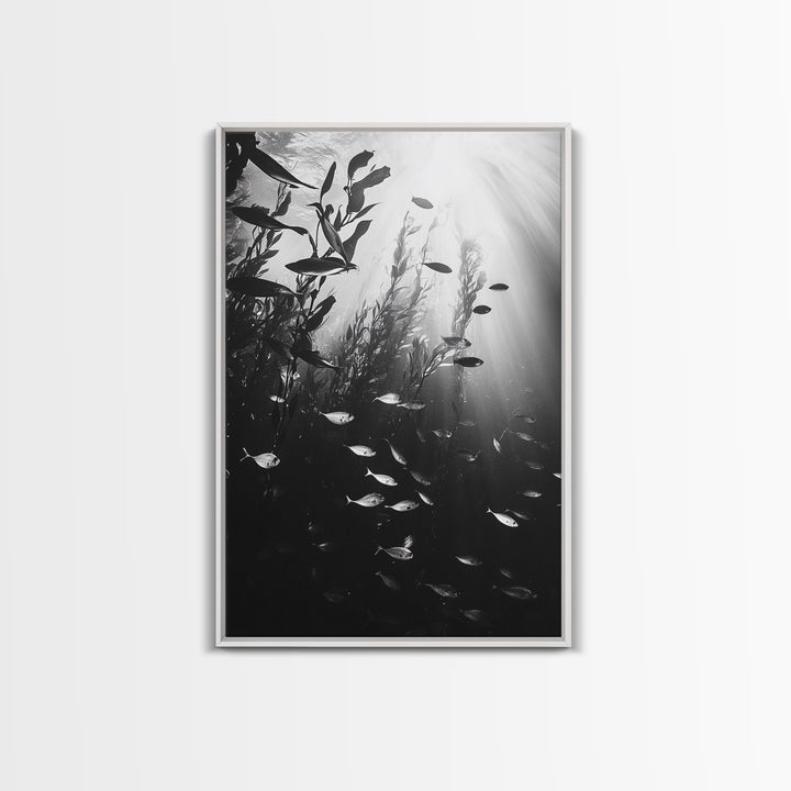 Kelp Forest Depth, Underwater Fish Scene, Ocean Life, Canvas Print, Marine Wall Art, Coastal Decor, Moody Nature Photography, Bathroom Art
